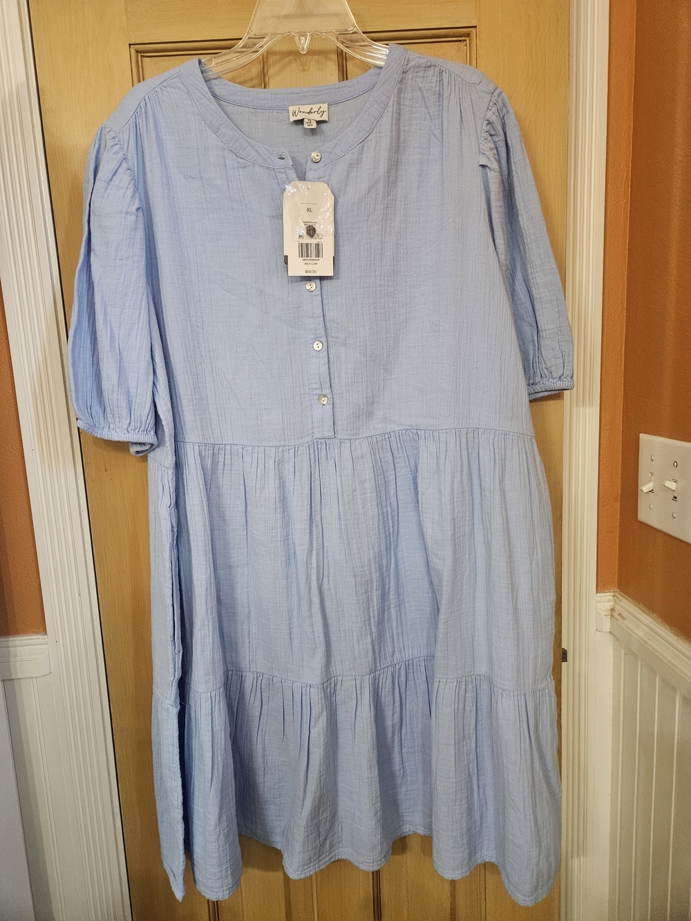 Wonderly Light Blue Tiered Gauze Button Front Cotton Dress